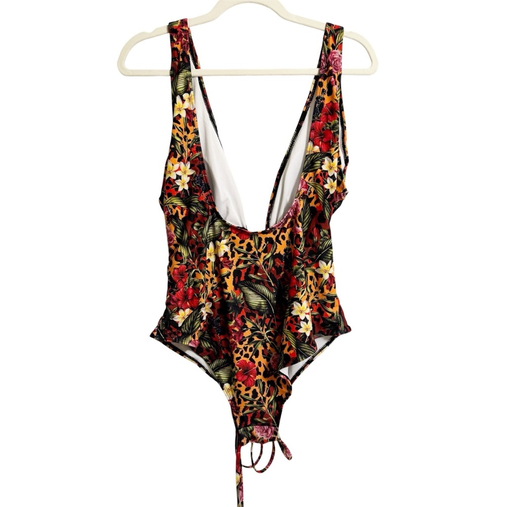 Leopard Jungle Floral Cut Out One piece Swim Suite 1X - Picture 3 of 5